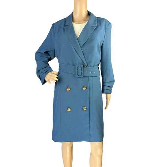 Adelyn Rae Women Blue Notched Lapel Pleated Cuffs Belted Dress Trench Coat XL - Picture 2 of 8